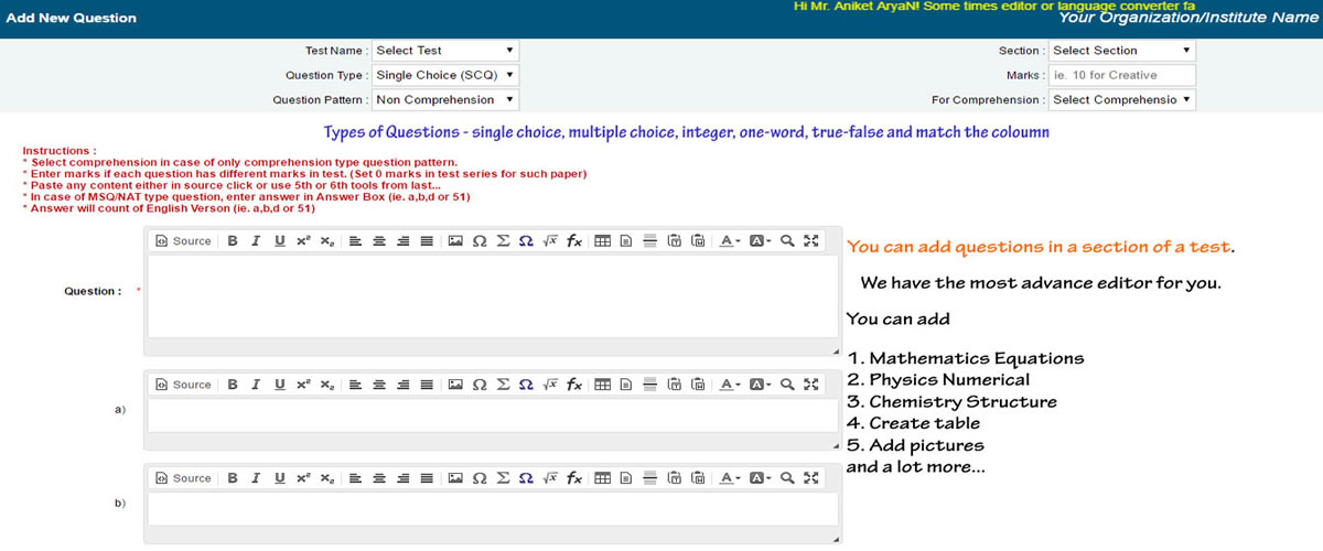 Add questions in online exam Software